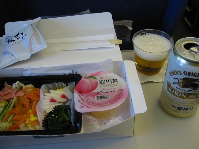 仁川１２時２０分発の日航機で関空へ。<br />機内食は、ちらし寿司と付け出し、桃ゼリー。<br />不味い不味いといいつつ、たいらげる。