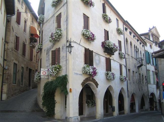 窓に花を飾った建物が連なる細い路地。