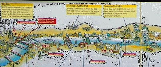 ◆『テムズクルーズのパンフの中の絵付きの地図♪』<br />私はParisで何度もバト?ムーシュに乗って、お気に入りですが、初ロンドンの時にクルーズしなかったのが心残りだったので・・今回は最初にチャレンジしました(^○^)/