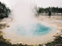 【朝顔プール】

カイザー カントリー（Geyser Country）には鮮やかな色をした温泉プールがたくさんあります。
アルテミジア トレイ ルヘッド（Artemisia Trail Head）に車を停めてトレイルを少し歩いてみます。
約1マイルくらい？歩くと通称、朝顔プール（Morning Glory Pool）があります。
青、緑、黄色など温度の変化により色が変わって見えるとか・・・

Morning Glory Pool, Yellowstone National Park, Wyoming