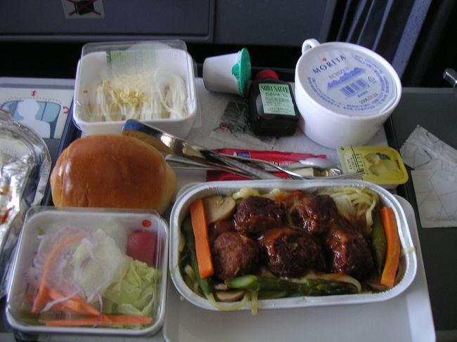 １回目の機内食。１種類しかありません。選択の余地なし。メインはパスタにミートボールのようなもの。まずまずのお味。ソフトドリンク、ビール、ワインは無料。ウォッカ等は有料となっております。