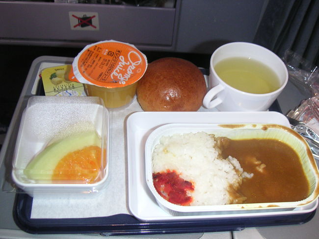 到着２時間前ぐらいに出た２回目の機内食。もちろん今回も１種類。見てのとおりカレーです。