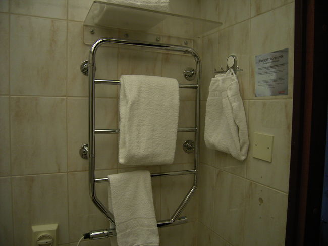 タオル掛けに、北欧らしさが出ています。冬は暖かくなるパイプです。右の壁に掛かっているタオルのようなものは、用途不明で使いませんでした。今考えると、背中洗うタオルか？