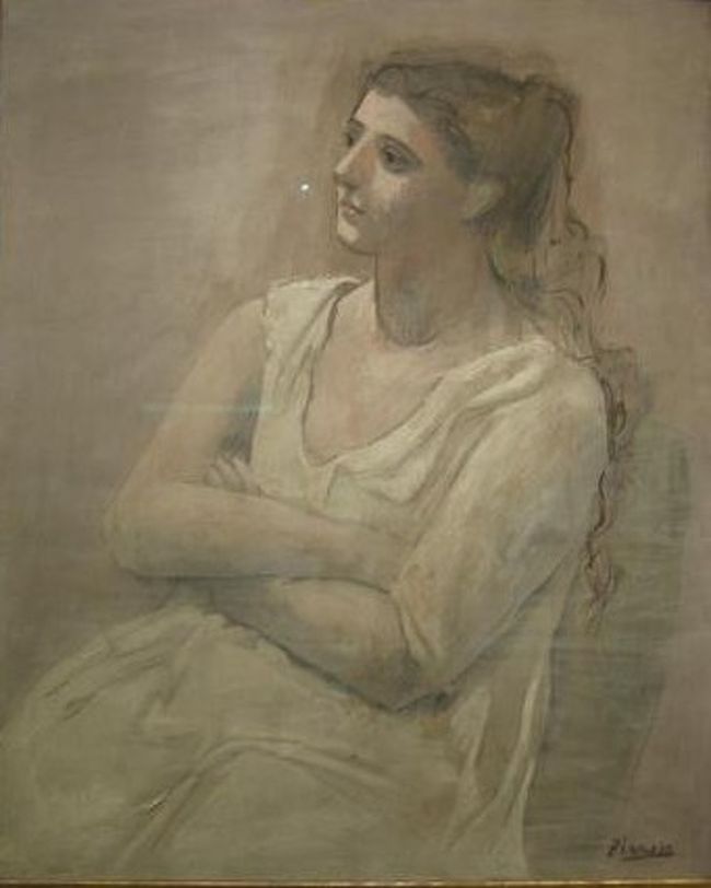 ピカソ　「白い服の女性」<br /><br />凄く感動した作品です。<br /><br />繊細で美しい女性とは言い難いけれど、<br />女性の大胆さ、芯の強さが生き生きと描かれていた。<br /><br />堂々と腕組みした構図が面白い。<br />やっぱり　ピカソだ！と感動。<br /><br />白色ほど使いにくい色は無いと聞いた事があります。<br />天才を彷彿させる作品でした。