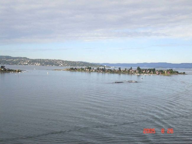 ＤＦＤＳ　ＳＥＡＷＡＹＳはオスロ湾朝の景観をぬって進行中。左右の美しい景色が楽しませてくれる。オスロ港が近づいてきたか。2005.8.26