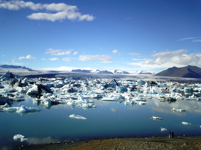 氷河湖のバックには氷河。<br />本当にありえないくらいキレイなんです！ここ！<br />しばらく見入っていると、氷河の間をスイスイ泳ぐアザラシ発見！<br />かわいいぞ〜アザラシ♪<br />
