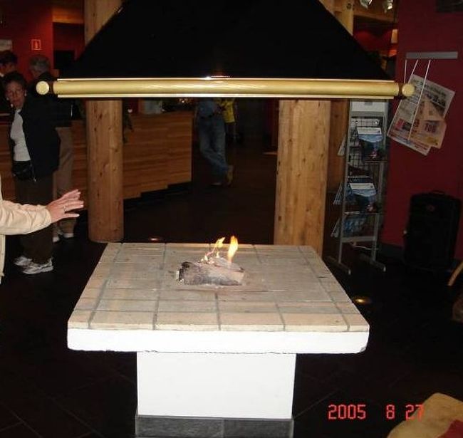 フレットハイムホテルでは、もう暖炉が入れられていた。小雨もあり薄ら寒い。2005.8.27