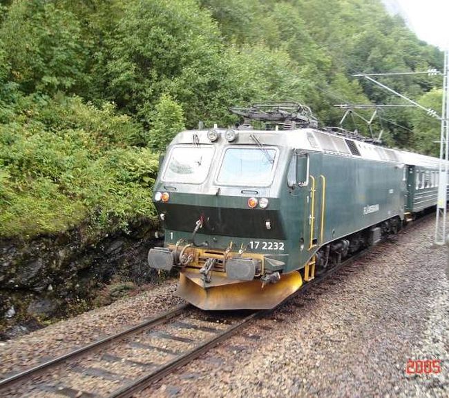 フロム〜ミルダール間山岳鉄道対向車行き違い待機。2005.8.27