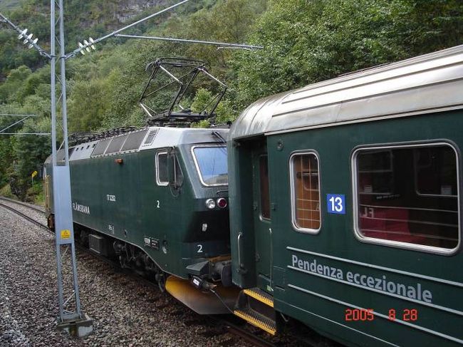 フロム〜ミルダール間山岳鉄道対向車行き違い待機。2005.8.27