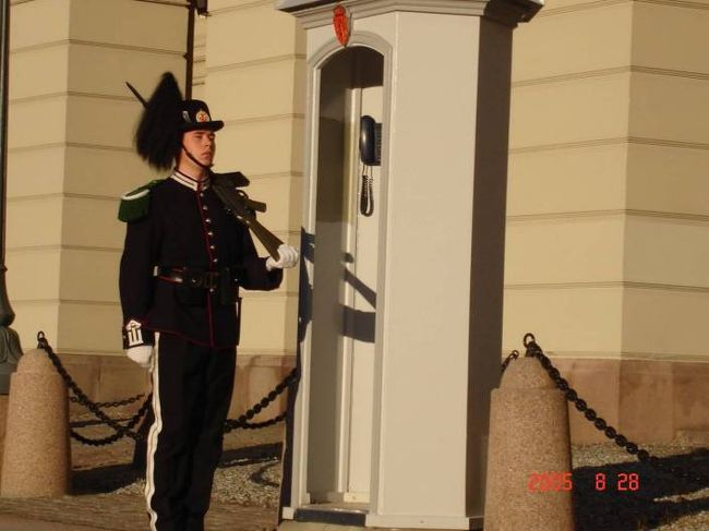 オスロにて帰国日の早朝、自主散策に出発。カールヨハン通りを王宮に向かって。王宮前到着。衛兵との記念撮影。2005.8.28