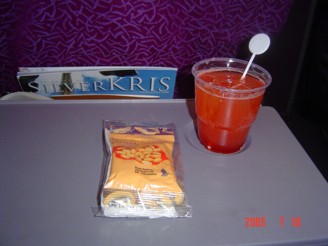 さて、飛行機に乗り込みました。弟とは現地で待ち合わせのため、しばしの間一人旅です。<br />乗り込んだ飛行機はＳＱ９８１便。<br />ウェルカムドリンクにシンガポールスリングをいただきます。<br />トロピカル〜な感じでおいしかったよん。