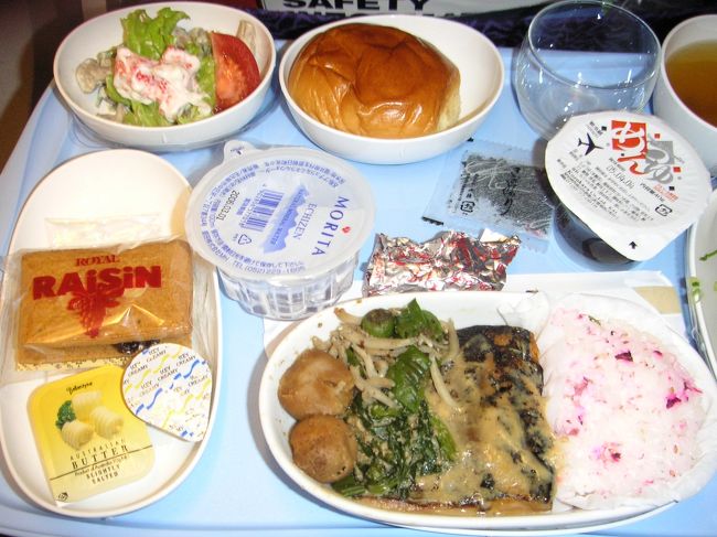 これまたお決まりの機内食の写真。<br />なかなかいける！