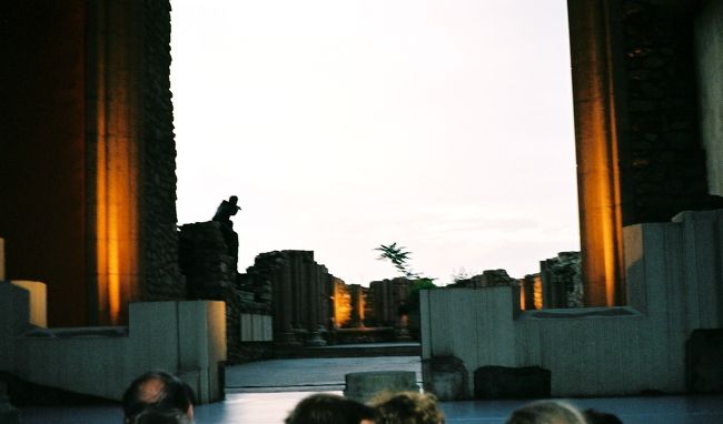 ところで、観客席のあるところは劇場と違って平らな空間で、そこに仮の劇場にしつらえるためにイスが並べられているような会場なので、前の席との段差がありません。私がとれた席は真ん中あたりです。予感はしていたが、舞台が始まってみると、案の定、前の列の人たちの頭で、足元が見えませんでした。バレエなのに、肝心の足元が見えないなんて……！<br /><br />という不満はありましたが、実はこの公演、チケット代はたったの4,500HUF（ハンガリー・フォーリント）（1HUF=約0.5円で換算すると、約2,250円）です。これはきっと、国立オペラ座のソロイストたちの公演にしては安いと思うので、見づらさについては我慢するしかないのでしょう。そこだけ眼をつぶれば、ガラ公演自体はすばらしかったです。<br /><br />踊ったソロイストは全部で10人でした。ガラなので演目はヴァラエティに富みます。「くるみ割り人形」や「ドン・キホーテ」のような見覚えのある古典バレエのパ・ドゥ・ドゥ（ハイライトとなる男女2人の踊り）もあれば、コンテンポラリーとまでいかなくてもかなり現代的な振り付けのものもあり、たとえば「エスメラルダ」では、ヒロイン・エスメラルダの踊りは、薄布のドレスに裸足で現れ、苦悩を表現した踊りが演劇っぽくて、これもバレエなのか、とちょっと驚いたくらいでした。また、シルクハットやコーヒーカップを小道具にタップもまぜた軽快で楽しい踊りもあれば、「人形」と題された踊りは、魂が宿ったように自由に動き回れるようになった2つの人形が、互いを恋する喜びに有頂天に踊っていたが、やがて電池が切れたようにもとの動かない人形に戻る、といった、寸劇のような、それだけで完結している小品でした。会場はそれほど大きくないため、中ほどの席でもダンサーの顔がよく見えました。バレエ・ダンサーはたいていそうですが、みんな見事にハンサム・美女ぞろいでした。<br /><br />（写真は、開演前の舞台の様子です。写真を撮ったのは開演時間の20時前。夏のヨーロッパ、21時近くにならないすぎないと暗くならいため、この段階ではまだ明るかったです。背後にあるのは、ドミニカン修道院の遺跡です。ダンサーはもちろん、この手前のところで踊りました。）