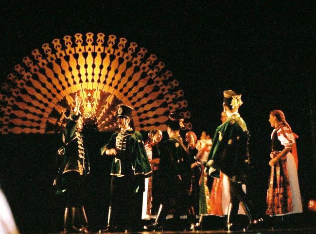 舞台は、とてもよかったです。ハンガリーの民族舞踊は、地方ごと、街ごと、村ごとにそれぞれ独特の踊りに歌、それから衣装があるようです。あんまり詳しくなかった私は、ハンガリーの民族舞踊とは、マジャール民族の舞踊としてハンガリー全土でほぼ共通なのかと勘違いしていたようです。プログラムを見て気づきました。考えてみれば日本の民舞だって、県単位でも豊かなヴァリエーションがあります。今晩のコンサートは、さまざまな地方の舞踊が盛り込まれていました。そもそも、ハンガリーの民族舞踊といっても、せいぜい「白鳥の湖」のような古典バレエに取り入れられたチャルダーシュくらいしか知らなかった私には、地方差はさっぱりわかりませんでしたが、どれもとても珍しくて、面白かったです。<br /><br />全体的に、男性の踊りの方が活発だと思いました。足を踏み鳴らしたり、膝や太腿を叩いたりする踊りが多く、とてもリズミカルでした。女性の踊りは、ゆったりしていました。手を組んで輪になって踊ったり、歌ったり、というのが多かったです。村の広場でトーテムかメイポールを囲んで祭りを楽しんでいるビジョンが浮かびました。行く前にハンガリー舞踊について簡単に調べはしたのですが、男性の踊りには、ヴェルブンコシュという、募兵のために、軍隊生活がきらびやかだと思わせるために踊られたものがあるそうです。おそらくこれがそうだろう、という踊りもありました。チョビひげに羽付きのハット、制服にマントを肩から斜めにかけ、ブーツ姿のえらそうな軍人が、膝を叩いたり足を踏み鳴らしたり、イェーイ！と飛び跳ねる様は、童心にもどって楽しんでいるように見えました。確かに、こんな踊りにつられて募兵に応じる素朴で夢あふれる若者がいても不思議ではないかも、と思いましたし、こんな風に踊る兵隊にぽーっとなる純朴な村娘もいたんじゃないかと思いました。<br /><br />（写真は、舞台の一シーンです。なるべく大勢出演しているシーンをねらいました。背後の扇のようなものは舞台背景です。）