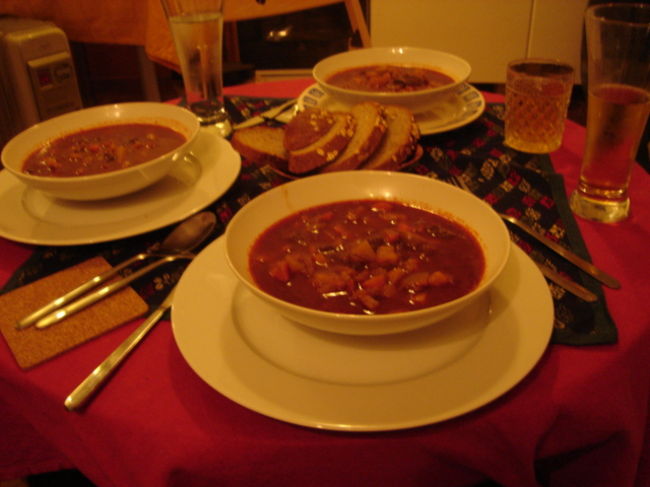 ひゃーＴ君手作りのおもてなし！まずはグヤーシュ！これはハンガリーのスープ！パプリカたっぷりらしいよ。