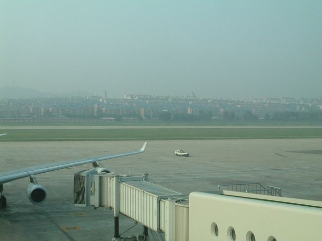 大連経由だったので、一旦飛行機を降ります。<br />空港の向こうに同じような建物がいっぱい並んでいますが、何なんだろう？<br />