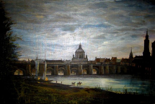 ドレスデンの夜景<br />この絵は縦56cmｘ横83cm<br />買った場所はドイツではなく<br />ポーランドのビャウィストク<br />(ベラルーシとの国境沿いの町)<br />の旧市街です。<br />値段も破格で約3800円でした♪ <br />★最近解ったのですが、この絵は<br />『ノイエマイスター美術館』所蔵の<br />絵を模写したものです。<br />ヨハン・クリスティアン・クラウゼン・ダール<br />《満月のドレスデン》1839年　<br />油彩・カンヴァス　78ｘ130cm <br />エルベ河畔の建造物を臨む名高い眺望を描いたこの夜景画は、芸術の都ドレスデンの独特の雰囲気を極めて印象的に再現しています。 <br />ついこの前この絵が日本に来たみたいです。 <br />http://www.nikkei-events.jp/dresden/works/works7.html