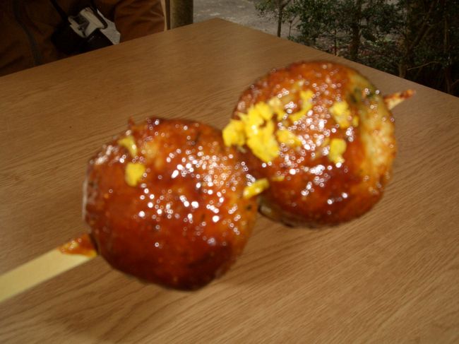 地元のおばさんたちが炭火で焼いていた五平餅。<br />黄色いのはゆず。<br />これで１００円。昔ながらのスタイルで焼きたてを食べる。おいしかった☆