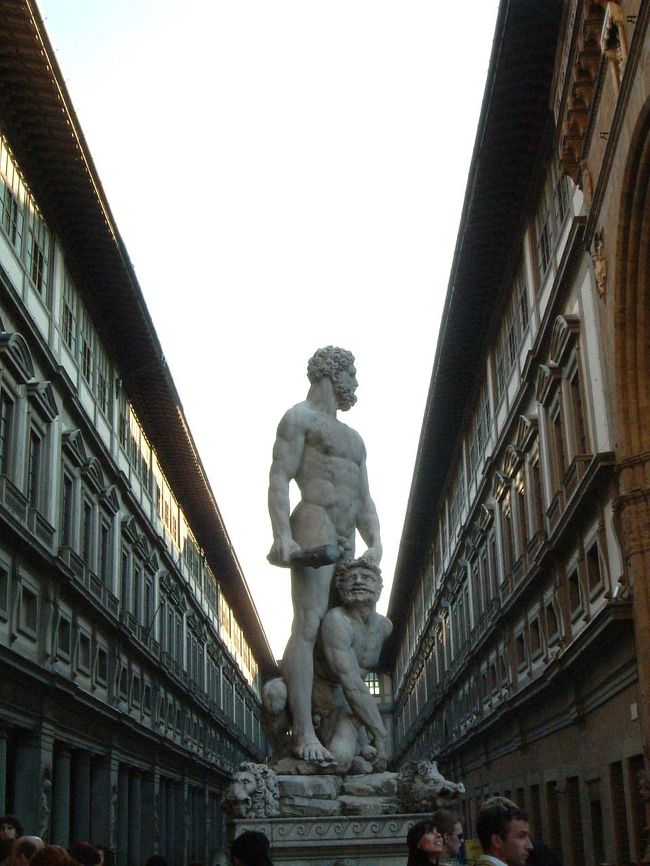 11時シニョリーア広場に到着。<br />屋外ギャラリーのロッジアや、ヴェキオ宮前にあるダビデ像のレプリカを鑑賞した後、日本から予約をしておいたウフィッツィ美術館へと向かう。<br />通常の入場ゲートには既に大行列が出来ていたので、あらかじめ予約をしておいてよかったと実感。<br />予約専用のゲートがどこにあるのか分からず、少々もたついたものの、厳重なセキュリティチェックを経ても、予約時刻の11時30分には館内で鑑賞をスタートする事ができた。<br />ここでじっくり2時間30分の芸術鑑賞。<br />必見作品は見逃さなかったけど、やはり全てを見て回ろうとすると時間はこれでも全然足りなかった。<br /><br />＊ウフィッツィ美術館の予約は下記で行いました。15.2ユーロと通常料金の11.5ユーロ（予約料込）よりは若干高いですが、15分間隔で希望時間が選べるので確実です。英語サイトですが、途中まで日本語での解説も付いているので、比較的簡単だと思いますよ。<br />WEEKEND A FIRENZE<br />http://www.weekendafirenze.com<br /><br />＊予約入場ゲートは、ヴェッキオ宮から見てアルノ川に向かって右手にあります。左側に見える一般入場ゲートの行列とは反対側の建物になるのでご注意ください。