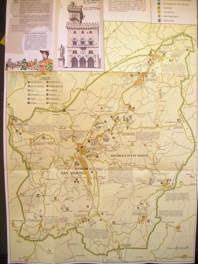 観光案内所で貰ったサンマリノ全図です。<br />黄緑色の線が国境線です。<br />地図上で長さを測ったら、横（東西）８．７５km、縦（南北）１０．６８kmくらいでした。<br />中心からやや下（南）寄りの、縦に細長いオレンジ色の部分が国の中心部です。<br />此処を散策したのでした。