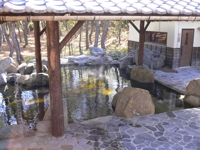 上で紹介した風呂（月読）の露天風呂です。<br />露天から上を見上げるとホテルの全景が見え、風呂の前は松林（ずーっと先はゴルフ場？）が広がっています。