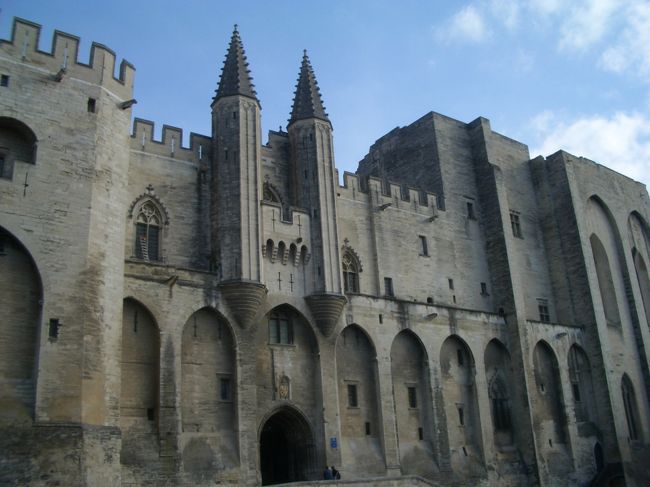 アヴィニヨンの法王庁宮殿。<br /><br />アヴィニヨンに３泊したのだけれど、こじんまりしてとてもよい街でした。夜に母猫とふたり（２匹？）で歩いていても、治安の悪さは感じません。<br /><br />この法王庁宮殿の、夜のライトアップされた姿をぜひ見てください。<br />宗教が、人をこれでもか！と抑圧していたのがよくわかる、凄い威圧感で圧倒されます。