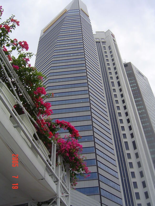 その?フラトンホテルにあるレストランひさし部分の花と高層ビル