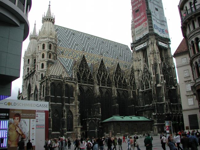 ウィーンの中心地に位置するシュテファン寺院です．<br />尖塔が改装中でしたね．