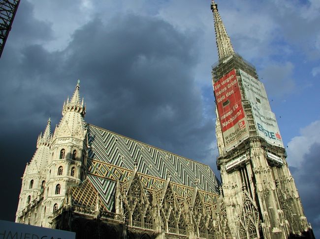 見上げるとこんな感じ．<br />シュテファン寺院は12世紀から造成が始まった寺院です．改装中の南塔は137m．寺院の塔としては3番目の高さだそうです．