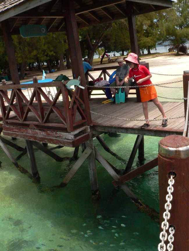 ９時ホテル発のボートで島に来て１２時半のボートで帰りました。これは桟橋でお迎えのボートを待っている間、エサをやると魚がいっぱい寄ってきます。ホテルの朝食レストランでスタッフがお魚用にパンをくれました。