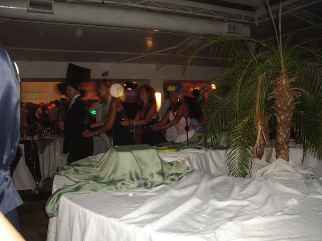 みんなで踊ってます。新郎新婦が準備したパーティーグッズ（おもしろい帽子、めがね等）をみんなかぶったりして面白かった。