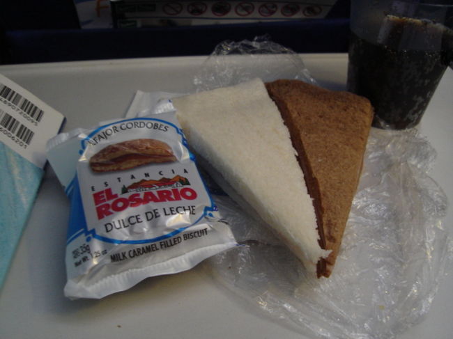 結婚式のあと朝家に戻ってから仮眠をとってお昼に目が覚めたら親戚がぞくぞくと集まってきてて（みんな元気すぎ！）BBQが始ってました。びっくりー<br />みんなと挨拶したあとで荷物をまとめてLちゃんのパパとママにお別れをしたらもぉ涙が止まらなくなっちゃった。みんなすごく愛情深くて一緒に過ごせた時間が幸せでした。<br /><br />写真はコルドバからブエノスアイレス間の機内食