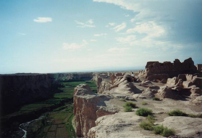 河を望む断崖絶壁の上にある交河故城。<br />緑が眩しい。