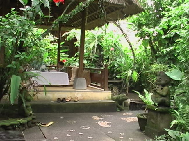 タクシーの運転手さんのおすすめでウブドゥの Cafe Wayan &amp; Bakeryで昼食にしました。店内を通り抜けると中庭はまるでジャングルの中にいるかのように緑に包まれた中に東屋風の座敷の席があります。足をのばしてくつろげます。