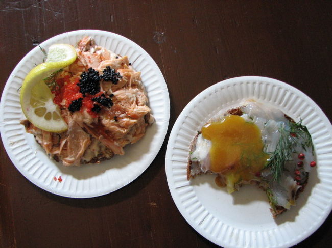 再びヘルシンキに戻る。昨日は閉まっていたオールドマーケットホールへ。建物内には、たくさんのカフェや食料店が並ぶ。昼食を求め、いろいろ物色した挙句、魚屋さんでオープンサンドイッチを選択。左の赤いのが鱒で、右が白身魚。ますは少ししょっぱかったが、白身の方は美味しかった。