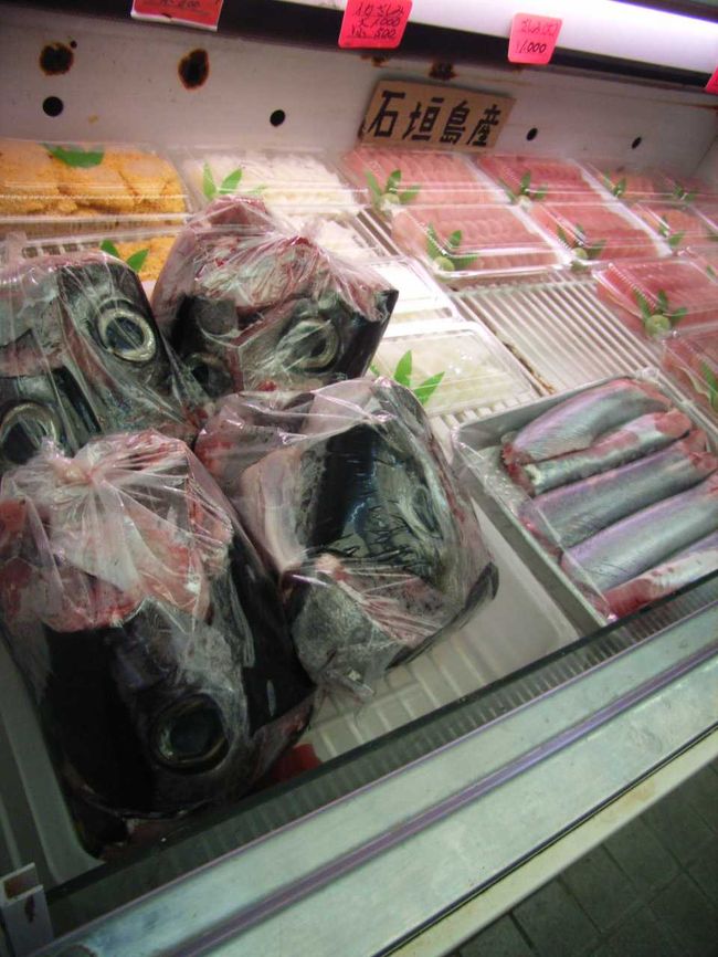 大きな目玉がこちらを睨んでいる。<br />何の魚だろう？<br />石垣市特産品販売センター<br />地下生鮮食品売り場にて。