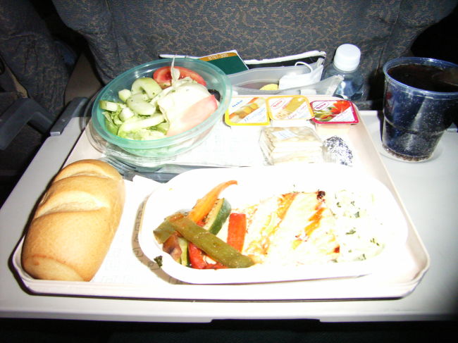 来る時はずっと揺れてたけど帰りはそんなこともなく飛行機はトロントへ。これは夕食。