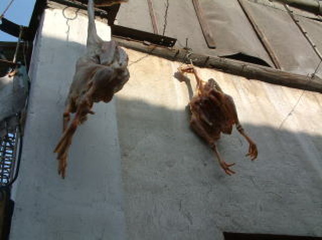 朱家角の道端で吊るされる鳥<br />春節直後だったのでお正月の飾りなどが残っていました