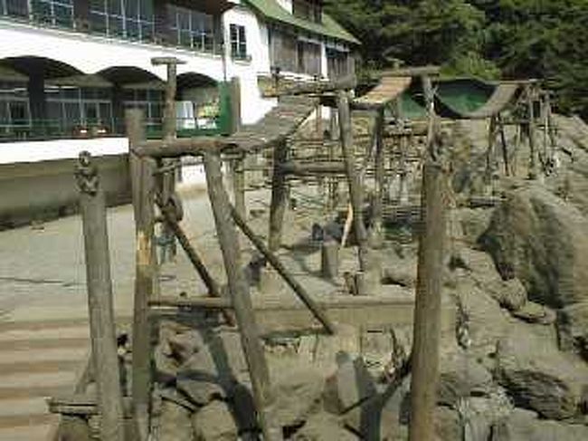 ここの猿にはエサを与えることができるんだけど<br />それがまた面白い。<br />まずエサの自動販売機で買うだけで猿が寄ってくる。<br />そして近づくと網から手を出して「くれくれ」する。<br />中には手を叩いて気を引くヤツもいる。<br />投げるとすごい争奪戦が繰り広げられる。