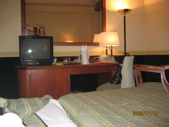 テルミニ駅近くのメトロポールホテルの８階のお部屋。使った後の写真でごめんなさい。きれいで湯沸かし器（なぜかコンセントが入らず使えない）やバスローブもあり快適。