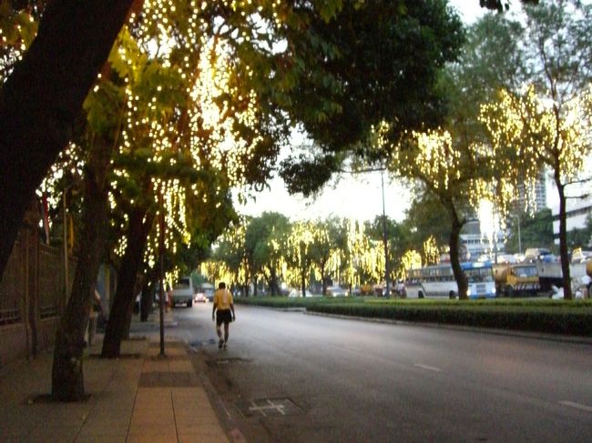 Illuminated Street<br /><br />チャオプラヤ川まで行ってみることにした。<br />ガイドも地図もない。<br />空港から来た道とカオサン通りの位置から方角を推測。<br />これまでこの勘だけで、いろんな場所を歩いてきた。<br /><br />途中、大きな道路を何度も横断しなくてはならない。<br /><br />渡りたいところからはるか遠くに横断歩道が見える。<br />タイ人が次々と道路を横切る姿を見ていると、そこまで歩いて行くのがさらに億劫に感じる。<br /><br />しかしこれには"洗練されたテクニック"が必要だった．．．<br /><br />何レーンもある大きい道路。しかもただの直進だけではない。<br />交差点にある信号はそれぞれあちこちを向いていて<br />どの信号がいつ変わるのか全く予想がつかない。<br /><br />飛び出すチャンスが来ては逃し、結局突っ立っているだけのあたし。<br />そのうち自分一人で渡るのは自殺行為だと悟った。<br /><br />ー作戦変更ー<br />この際、走ってくる車は完全に無視する。道路を横断するタイ人だけに視線を集中。<br />しかしこの命を賭けた戦いを、かなりの数こなしている勇敢なタイ人、<br />素人のあたしが思わず目を覆うほどの、きわどいタイミングで飛び出す。<br /><br />．．．これは上級だ．．．<br /><br />こんなことをしている時間で横断歩道を渡って川まで行けた。<br />下手したら今ごろボートにも乗っている。<br /><br /><br />一難去ってまた一難。恐るべしバンコク。今度は道に迷う。<br /><br />西に向かって歩いているつもりだったが、どうやら南に突き進んでいた。<br />そもそもあの道路を渡る必要もなかったことになる。<br /><br />自分の勘が機能していなかったという敗北感。<br />チャオプラヤ川が町の西に位置しているのかさえ曖昧になってきた。<br /><br />気がつくと下町に来ていた。<br />路上で涼んでいたおばちゃんに道を尋ねる。<br />「リバーリバー　チャオプラヤ」<br />「．．．？」<br />ぜんぜん通じていない。<br /><br />こうなったらボディーランゲージしかない。<br />体で水の流れを表現してみるが、おばちゃんはただ笑うだけ。　<br />ウケ狙いでやってるんちゃうねん。川やねん、川。<br /><br />おばちゃんが指を差した先には、道路で遊んでいる少年3人が居た。<br />（ははーん、彼らには英語が通じるのか）<br />はりきって英語で話しかけてみるがやっぱり通じていない。<br />仕方なく同じ動きを繰り返していると、少年の一人が<br />「．．．分かった！」<br />といわんばかりに目を輝かせた。<br /><br />ああ良かった。ボディーランゲージは疲れる。<br /><br />こっちこっち、と先導してくれる彼。<br />わざわざ連れて行ってくれなくてもいいのに、と思うも伝えようがないのでおとなしくついて行く。<br /><br />少年は急に立ち止まり、あたしの顔を見つめ様子を伺う。<br />．．．どうやら着いたらしい。<br />店のおじさんも出てきた。<br />「えーと、川、じゃないよね？」<br />店中にはキーボードが並んでいる。<br />そこは楽器屋さんだった。<br /><br />水の流れを表現したはずのあたしのジェスチャーは、キーボードを弾いているように見えたらしい。<br />思わず吹き出してしまった。<br /><br />（せっかくここまで案内してくれたのに悪いな．．．）<br />この場をどう説明したらいいのか困っていた。<br /><br />ふと、バスの切符にチャオプラヤ川の絵が書いてあったことを思い出す。<br />確か捨ててない、とズボンのポケットを探る。<br />．．．あった！<br /><br />取り出してその絵を少年に見せた。<br />すぐに理解してくれた彼は恥ずかしそうに、川へ出る道を指さしてくれた。<br /><br />「あたしのジェスチャーのせいだから、ごめんね、ありがとう」<br />ちゃんと通じたかどうかは分からないけど．．．<br /><br />お互いに胸の前で両手を合わせ、お辞儀をして別れた。