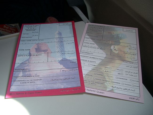 機内で配られたエジプトの出入国カード。<br />スフィンクスと、エジプト女王Nefertitiの顔。<br />エジプトに行く気がしてきました♪<br /><br />・・・私達が行くのはビーチだけど（笑）