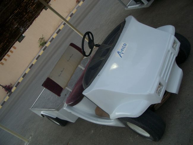 ホテルの入り口から、私達の部屋まではかなり遠いので、<br />この車に乗って移動♪<br /><br />・・・が、ホテルの部屋に着いてビックリ。<br />私達の旅行条件が「セミスイートのWルーム、オーシャンビュー」だったのですが、<br />着いてみるとツインだし、オーシャンビューじゃないし。。。<br />んーーー、その条件で安かったキャンペーンで、ここのホテルに決めたようなものなのに。。。<br /><br />ちょっと条件違いすぎませんかー？と抗議。<br />色々・・・かなり・・・交渉し、部屋を移動する事に。<br /><br />で、またこの車でずぅーーーっとフロントまで戻り、<br />ホテルの反対側まで移動。。。