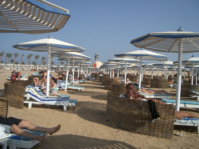 キレイに並べられたパラソルとビーチチェア。<br />そして、砂よけの網。