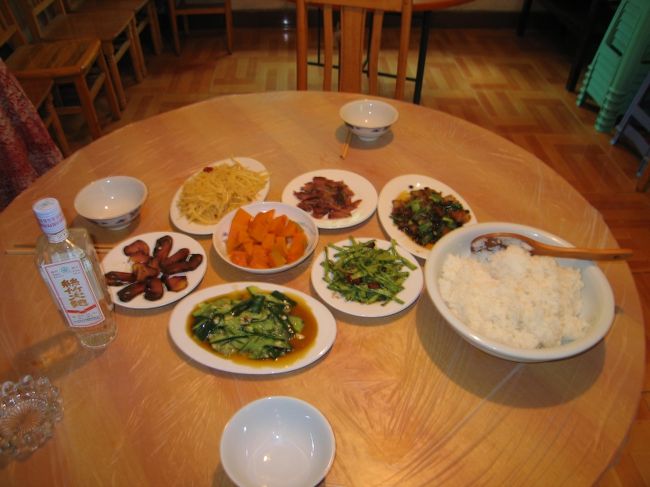 夕食は地元の野菜と干し肉が中心のチャン族料理です。写真のほかに２品ほど出て、食べ切れないほどです。なお、シャワー（熱湯が出ます）とトイレは共同です。