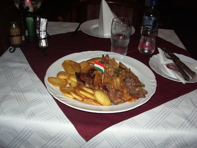 ハンガリーステーキ。ソースの鳥レバーが余分だったように思います。ハンガリーの旗が立っています。お子様ランチではありません。