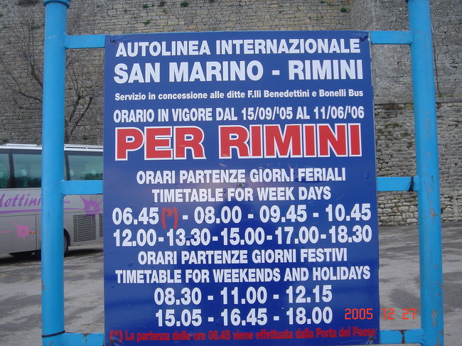 RIMINI−SAN MARINO間のバス時刻表<br />夏と冬とで時刻表が変わるので、要注意です!!
