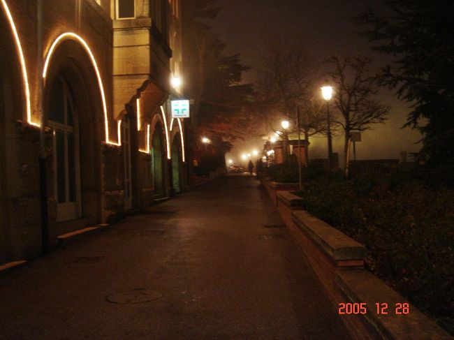 ホテルに戻るところ<br />真っ暗になり、霧も出てきて、丁度夜霧に咽ぶと言った感じでした。