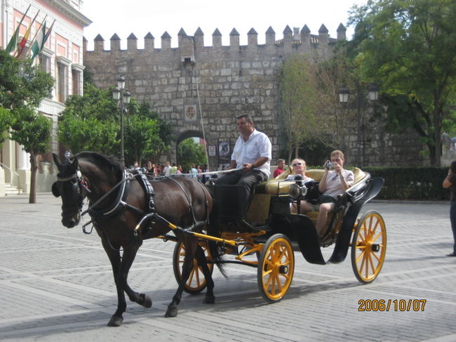 カテドラルを出て次はアルカサールへ駆け足で向かいます。あっ、馬車が広場を走っています。
