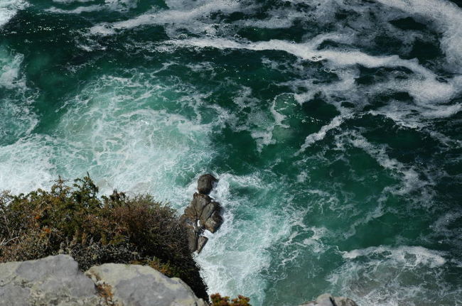 灯台から見て右手は大西洋で、左手はインド洋。<br />流れが違うから色も違うらしい。<br />ちなみに灯台のあるでっぱりの根元の水はこんなに綺麗な緑色です。